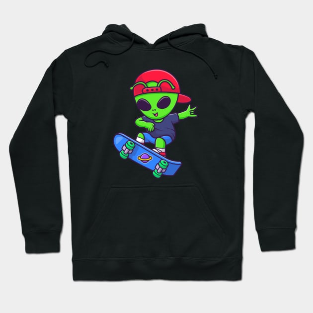 Cute Cool Alien Playing Skateboard Cartoon Hoodie by Catalyst Labs